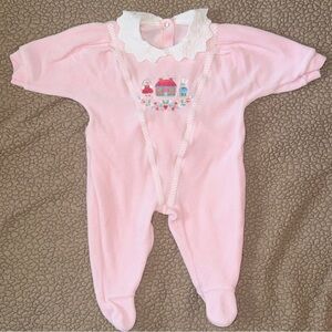 5/$20 Vintage Pink Velour Footie Coverall Romper Lace Collar, Embroidered 3M​